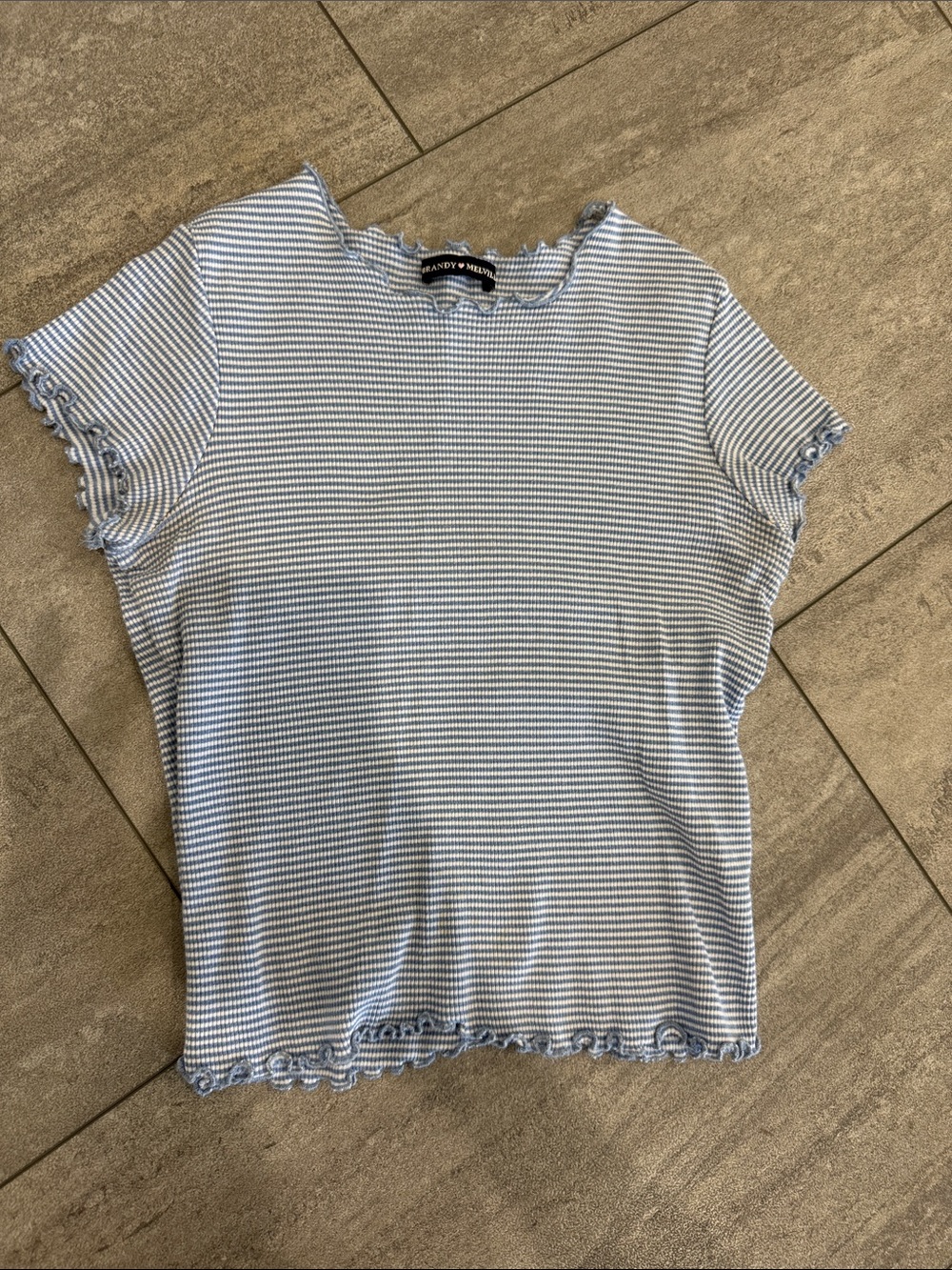 Brandy Melville Lettuce Trim Blue White Crop Top Baby T-Shirt O/S Small FLAW